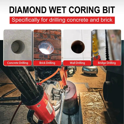 Diamond Core Drill Bits by SALI 2 1/2 Inch Diameter Heavy-Duty Turbo Laser Welded Segments for Cured Concrete, Brick, Block Masonry, 10 Inch Drilling Depth, 5/8-11 Thread, Includes 1/2 Inch Hex Shank Adapter and 5/8-11 to SDS Plus Shank, Red, shown in use drilling concrete and brick.