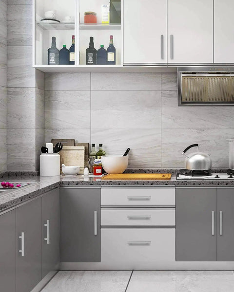Modern kitchen with 30 Pack 5 Inch Cabinet Pulls Satin Nickel Stainless Steel Kitchen Hardware Drawer Handles installed on cabinets.