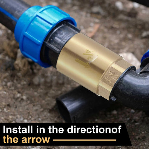 Brass inline check valve, 3/4 in, Zonon, one-way backflow preventer for garden hose irrigation.