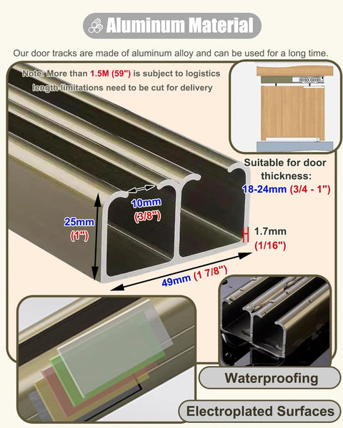Aluminum material details of 11Ft Bypass Sliding Barn Door Hardware Kit for two doors, showing dual track dimensions and features.