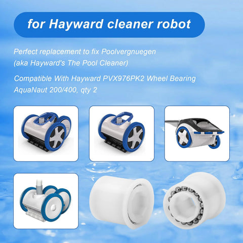 Wheel bearings for Hayward pool cleaners, blue-rim wheels with white hubs, 2-pack PVX976PK2 compatible AquaNaut/Poolvergnuegen