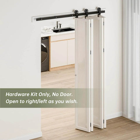 Heavy Duty Four Door Bifold Sliding Barn Door Hardware Kit With All Doors Open To One Side 6.6 Foot Track System in frosted black