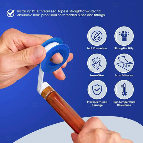 One Half Inch By Five Hundred Twenty Inch PTFE Thread Sealant Tape for Leak Proof Pipe Threads Water And Gas Line Plumbing Tape being applied to pipe