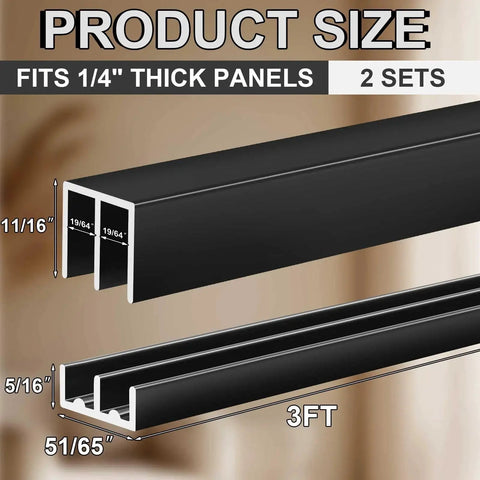 Two Pack 3 Foot Black Aluminum Sliding Door Track Set For Quarter Inch Thick Panels close-up view of upper and lower tracks