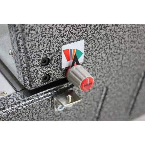 Close-up of adjustment knob on heavy duty electric coil punch machine for bindery with 4x5mm oval holes and 54 disengageable pins