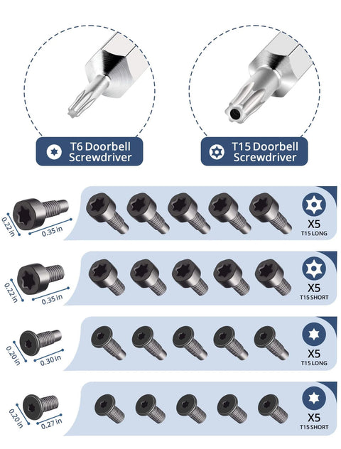 Close-up of All In One Doorbell Screwdriver Replacement Kit with Torx T6 T15 bits and 20 assorted size security screws for video doorbells.