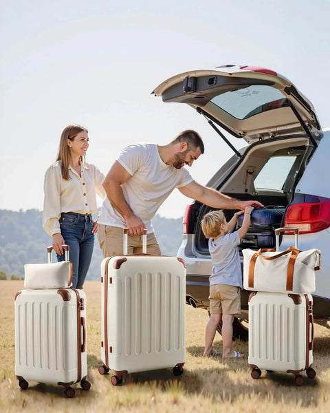 Family loading Five Piece Hardside Luggage Set With Spinner Wheels TSA Approved White And Brown Travel Suitcases into car trunk