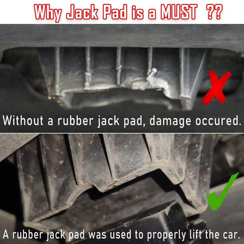 Comparison of car lifting without and with a rubber jack pad, highlighting the importance of Dual Use Lifting Axle Saddle Adapter Pads.