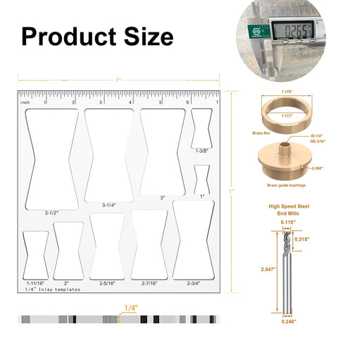 10 In 1 Butterfly Bowtie Inlay Router Template Kit With Brass Cutting Accessories Includes One Quarter Inch Bushing Guide Liner And Nut 10 Size Sets Ideal For Woodworking Cabinets DIY Projects showing template dimensions and brass accessories.