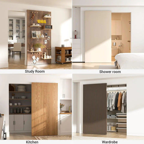 Concealed 38 Inch Sliding Barn Door Hardware Kit With Soft Close Aluminum Hidden Track System Wall Mount displayed in different rooms