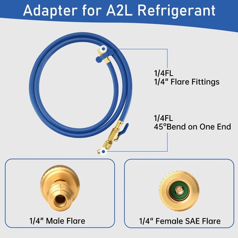 Blue Lichamp A2L refrigerant hose with ball valve, 60-inch length, 1/4-inch flare fittings and 45-degree bend end