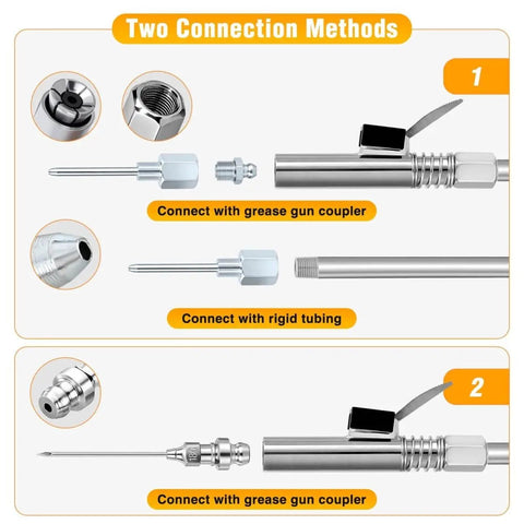 Grease Gun Tips Kit With One Eighth Inch NPT Threaded Grease Needle Tips And Five 18G Detachable Injector Needles, shown with two connection methods.