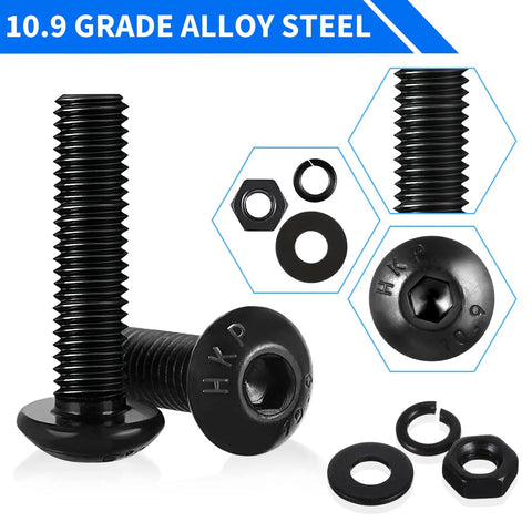 Close-up of 10.9 Grade Alloy Steel screws with nuts and washers from 1705 Pcs Machine Screw Kit With M2 M3 M4 M5 Bolts Nuts Lock And Flat Washers Hex Button Head Alloy Steel Cap Screws Grade 10.9 With Allen Wrench For DIY Projects Home Repairs And Auto.