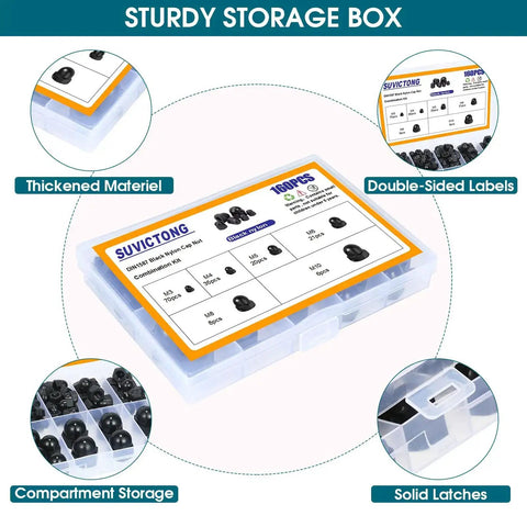 Storage box containing Big Ol 160Pcs Nylon Acorn Nut Set Kit Black Dome Nuts For Protecting Hex Bolts M3 M4 M5 M6 M8 M10 assortment pack.