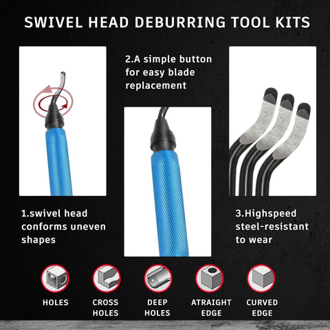 Swivel head deburring tool kit with blue handle showing blade replacement and steel durability for various applications.