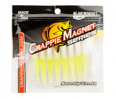 Crappie Magnet 8 Pack Slab Magnet Grub Bodies For Freshwater Fishing White Chartreuse Extra Large Jig Bodies in packaging