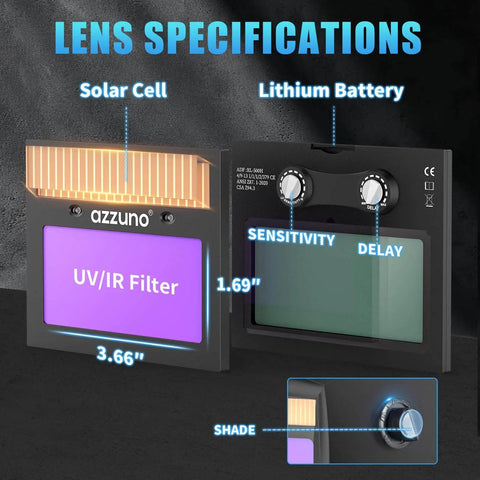 Auto darkening helmet lens with UV/IR filter, solar cell, lithium battery, sensitivity, and delay controls, 3.66" x 1.69" specifications.