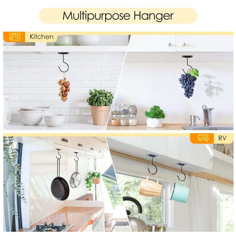 Multipurpose hanger in kitchen and RV settings showcasing fruits and kitchenware storage.