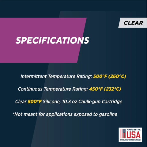 Clear RTV high-heat silicone sealant label: 500°F intermittent, 450°F continuous ratings, 10.3 oz caulk cartridge, USA-made.