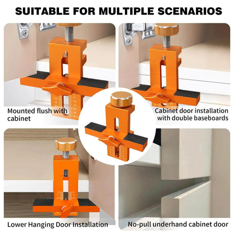 Versatile Cabinet Door Mounting Jig With Quick Edge Pin for frameless and face frame cabinets, orange, multiple installation views