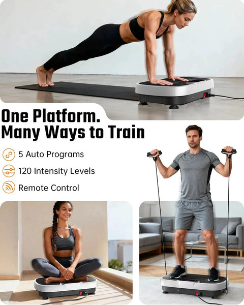 People using Vibration Plate Exercise Machine For Home Gym Full Body Workout With Loop Bands 330 Lbs Capacity Low Impact Fitness Platform