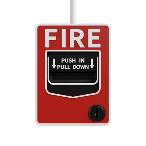 Manual fire alarm pull station on red plate with black pull lever and key lock
