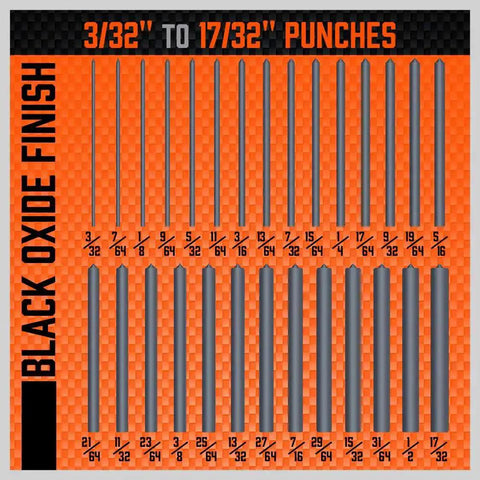 Transfer Punch Set 28-Piece, 3/32 Inch To 1/2 Inch, heat treated alloy steel with black oxide finish, displayed on orange background.