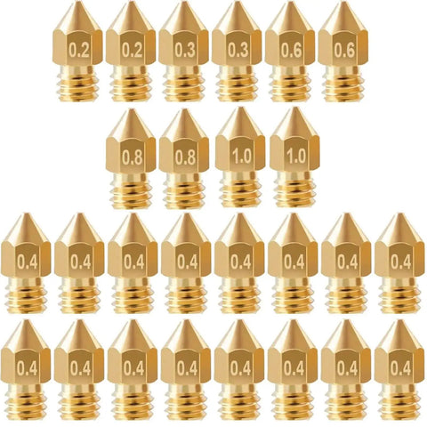 26Pcs Ender 3 Nozzles Kit MK8 Brass 3D Printer Nozzles 0.2mm to 1.0mm displayed in organized rows.