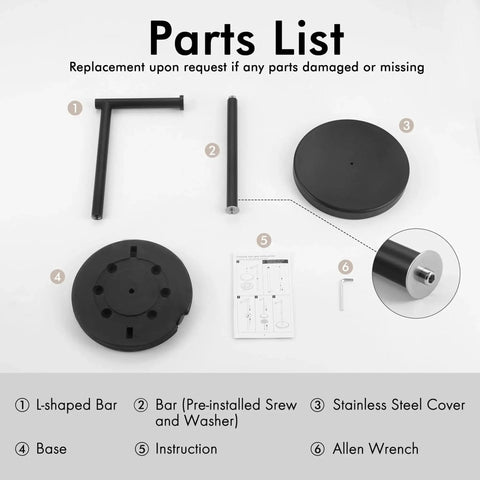 Parts List for Freestanding Matte Black Toilet Paper Holder Stand, Rustproof SUS304 Stainless Steel Tissue Roll Holder, components labeled.
