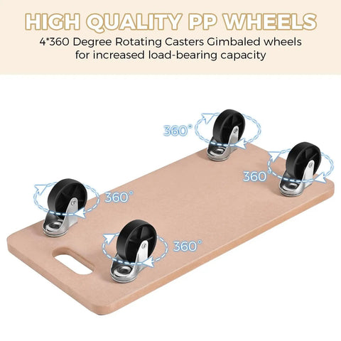 Heavy Duty Wood Furniture Moving Dolly With Four 360 Degree Wheels Supports Up To 500 Lbs Ideal For Sofa Couch Washer Refrigerator And Other Large Items 23 X 11.5 Inches Built From Premium Wood For Durable Long Lasting Use On Hardwood Floors showing high quality PP wheels for increased load-bearing capacity.