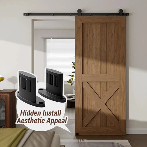 Floor Guide For Sliding Barn Door Bottom With Double Sided Roller Design Concealed Pulleys for smooth quiet sliding installed on wooden door.