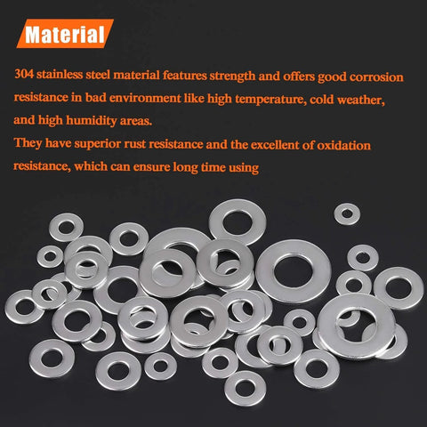 Flat washers kit, stainless steel, 270 pcs, 8 sizes (1/2, 3/8, 5/16, 1/4, 12#, 10#, 8#, 6#), on dark background