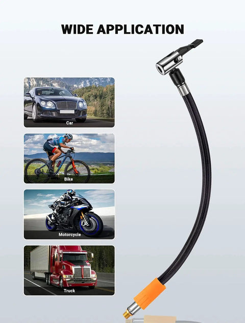 LUMITECO tire inflator hose adapter with 360-degree swivel air chuck and 11-inch lock-on hose for cars, bikes, trucks