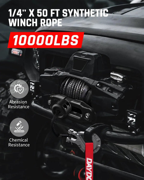 Heavy Duty 1/4 Inch By 50 Foot Synthetic Winch Rope With 10,000 Lbs Break Strength For Offroad 4WD ATV UTV Use Includes Forged Winch Hook And Rubber Stopper In Gray DAYDOOR mounted on a winch.