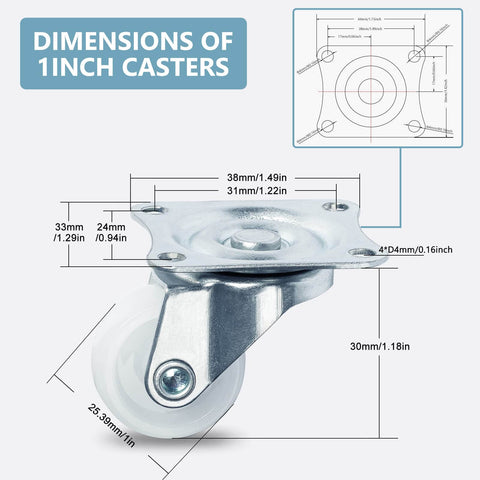 1" Low Profile Caster Wheels Set of 4 - Quiet Polyurethane Casters for Furniture, 360° Swivel Plate Design, Each Holds 22 lbs, Smooth Rolling, No Noise