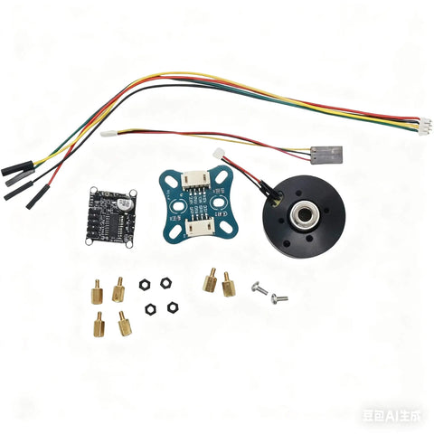 Pro Grade Flight Ready High Torque Brushless Outrunner Hollow Shaft Motor Kit With AS5600 Magnetic Encoder And SimpleFOCmini Driver Board For Gimbals And Drones Ultra Silent Preinstalled Magnet Ring For Smooth Precision Motion And Easy Integration components on white background