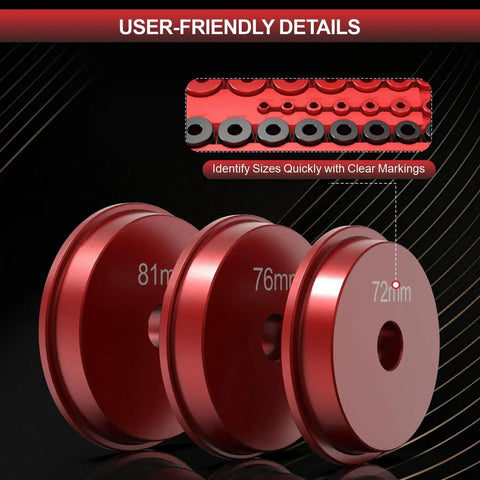 Close-up of 81mm, 76mm, and 72mm tools from 43 Piece Bearing Press Kit With Bearing Race And Seal Driver Set showing size markings