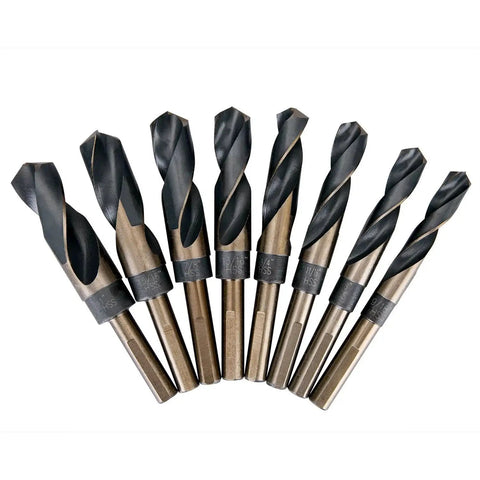 Premium 8-Piece Half Inch Reduced Shank Drill Bit Set With Aluminum Carry Case M2 High Speed Steel Deming Bits 135 Degree Split Point