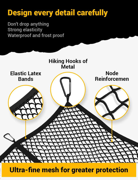 Close-up of Heavy Duty Truck Bed Cargo Net Stretchable From 4x4 To 7x7 In 1x1 Inch Mesh With 8 Metal Carabiners showing hiking hooks.