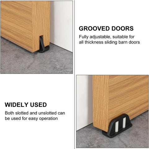 Barn Door Floor Guide Set With Bearing Design And Adjustable Rollers Durable Stainless Steel Frame Quiet Operation And Scratch Free Movement For Sliding Doors 360 Degree Wheel Rollers For Smooth Low Noise Performance installed on wooden sliding barn door.