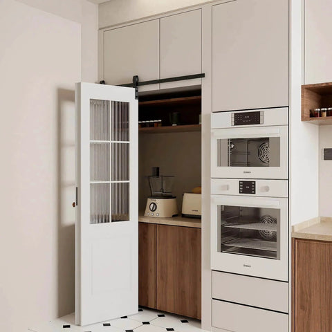Bi Fold Barn Door Hardware Kit For Two Doors With Low Ceiling Roller System shown installed on kitchen cabinet