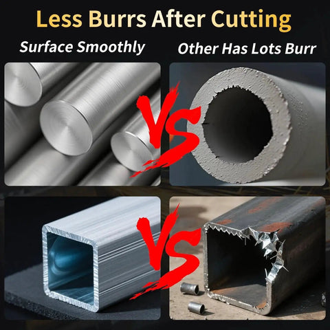 Comparison of metal cuts showing smooth versus burry edges, highlighting effects of 4 1/2 Inch Cut Off Wheel Pack For Angle Grinder.