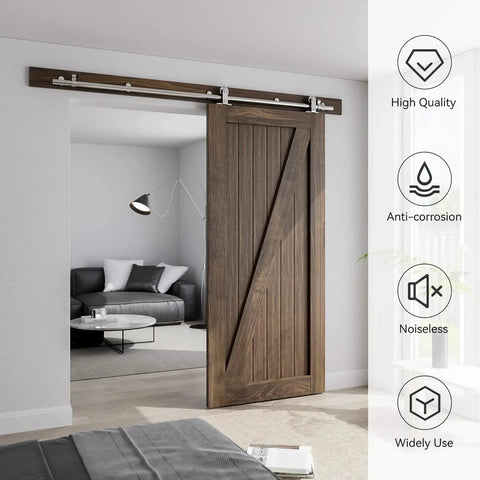 Stainless Steel Sliding Door Hardware Kit For Single Wooden Door Top Mount T Style Track System 6 Ft Length Fits 36 Inch Wide Door Panel