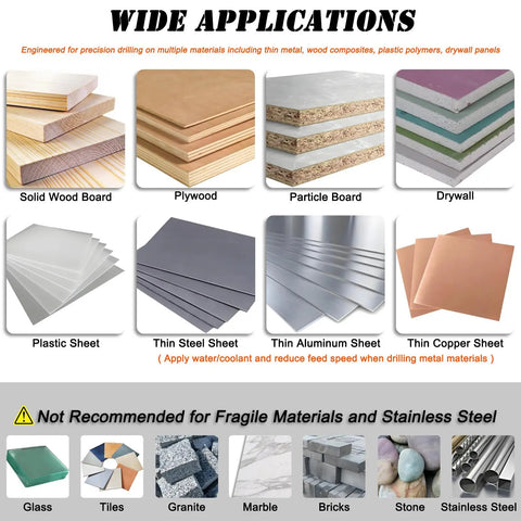 Image showing various materials including solid wood board, plywood, particle board, drywall, plastic sheet, and thin metal sheets, suitable for use with Bi-Metal Six And A Quarter Inch Hole Saw Kit With Dust Bowl Catcher For Recessed Lighting Pro Grade For Wood Metal Drywall Includes Arbor Replacement Drill Bit Hex Key And Dust Shield By VIKITON.