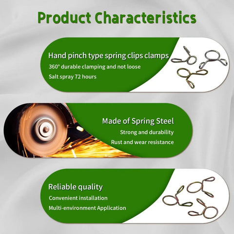 330 Piece Stainless Steel Spring Hose Clamps Assortment Kit 5 To 13 Mm Nine Sizes For Fuel Line Water Pipe Air Tubing Automotive Plumbing And DIY overview with product characteristics, including 360° clamping and rust resistance.