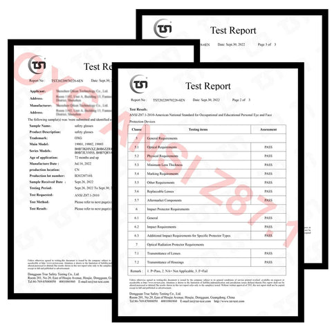 Test report displaying ANSI Z87.1 certification for Anti Fog Clear Safety Glasses Eye Safety For Work And Shooting