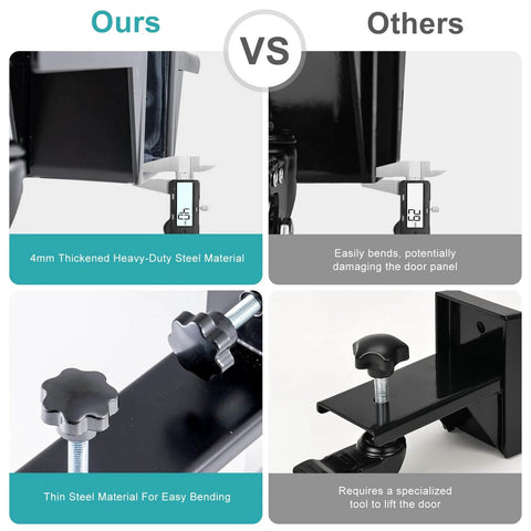 Comparison of Heavy Duty Door Lifter Kit with Rolling Door Dolly Wheels, highlighting 4mm thick steel material versus others.