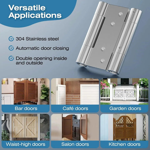 Heavy Duty 3 Inch Double Spring Hinge Set In 304 Stainless Steel With Integrated Tension Adjustment No Fixing Pin Needed For Doors 20 To 36mm Thick Ranbo Each Pair Supports Up To 25kg, versatile applications shown for various doors.