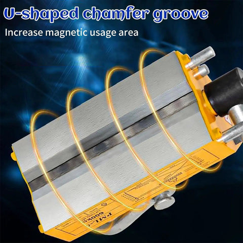 Permanent magnetic lifter with release, 440 lb (200 kg) capacity, yellow housing and aluminum lifting plate.