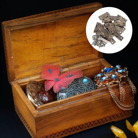 Open wooden box with 2 Inch Mini Folding Hinges With Screws In Antique Copper, 20 Pack for jewelry boxes, displayed in inset.